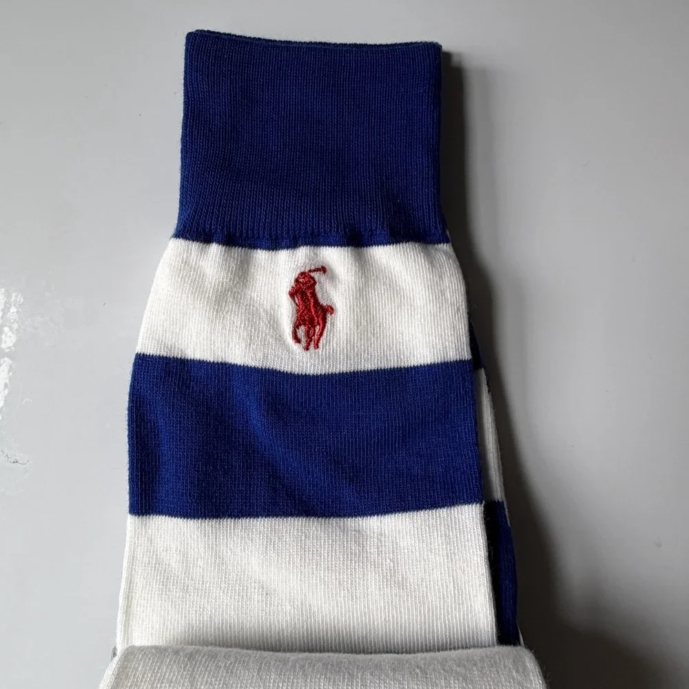 Polo Ralph Lauren Men's Sock 2 Pairs Bear and White with Blue Stripe Size 13-16